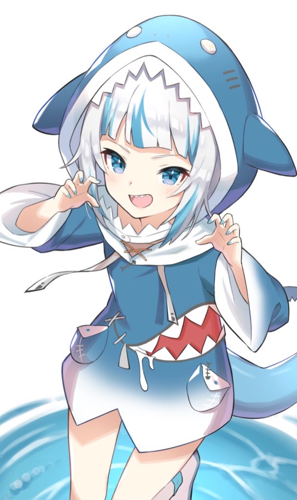 1girl :d animal_hood blue_eyes blue_hair blue_nails blush commentary fish_tail gawr_gura gukurosawa01 hololive hood hood_up long_sleeves looking_at_viewer multicolored_hair nail_polish open_mouth paw_pose shark_girl shark_hood shark_tail sharp_teeth smile solo streaked_hair tail teeth virtual_youtuber water white_background white_footwear white_hair wide_sleeves