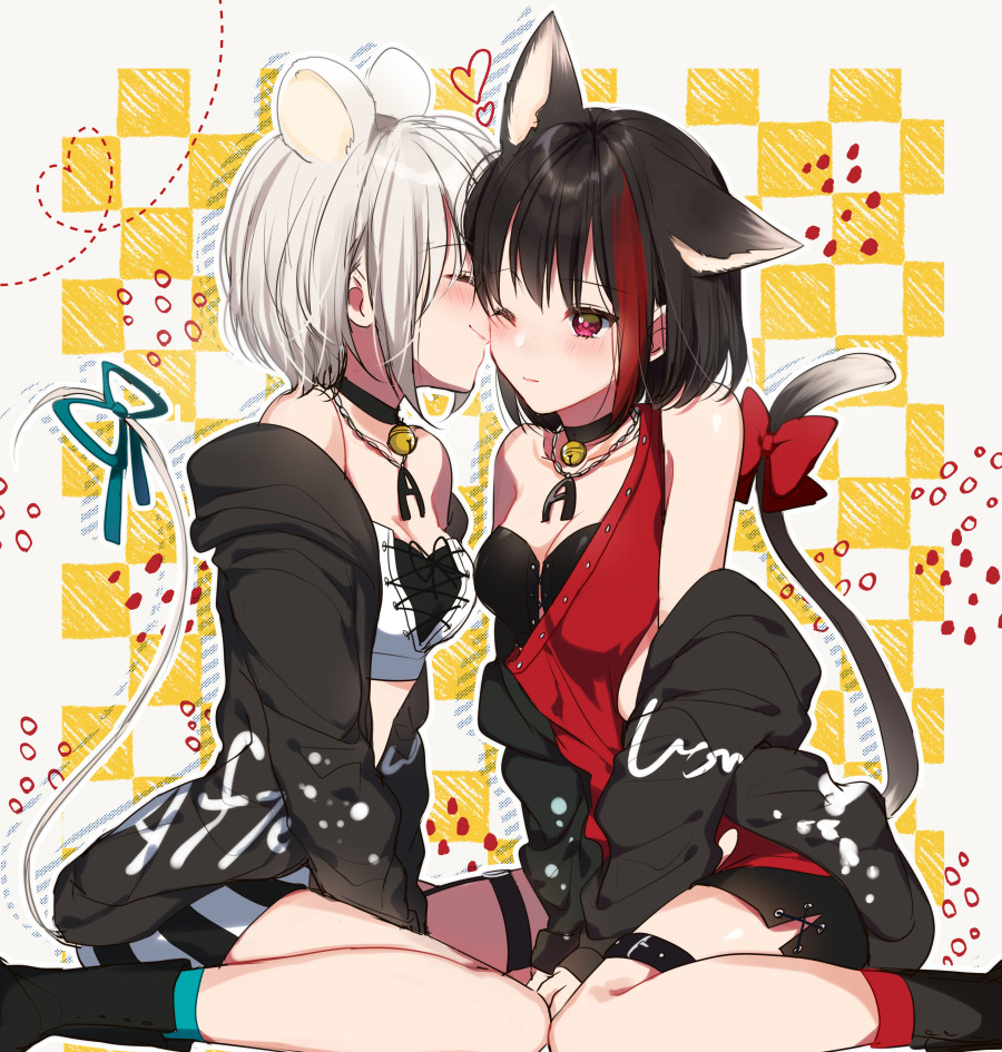 2girls animal_ears aoba_moca bang_dream! bell bell_collar between_legs black_hair blush cat_ears cat_tail checkered checkered_background closed_eyes collar grey_hair hand_between_legs mitake_ran mizukikushou mouse_ears mouse_tail multicolored_hair multiple_girls off_shoulder one_eye_closed red_eyes redhead ribbon short_hair sitting smile streaked_hair tail tail_ornament tail_ribbon v_arms yuri