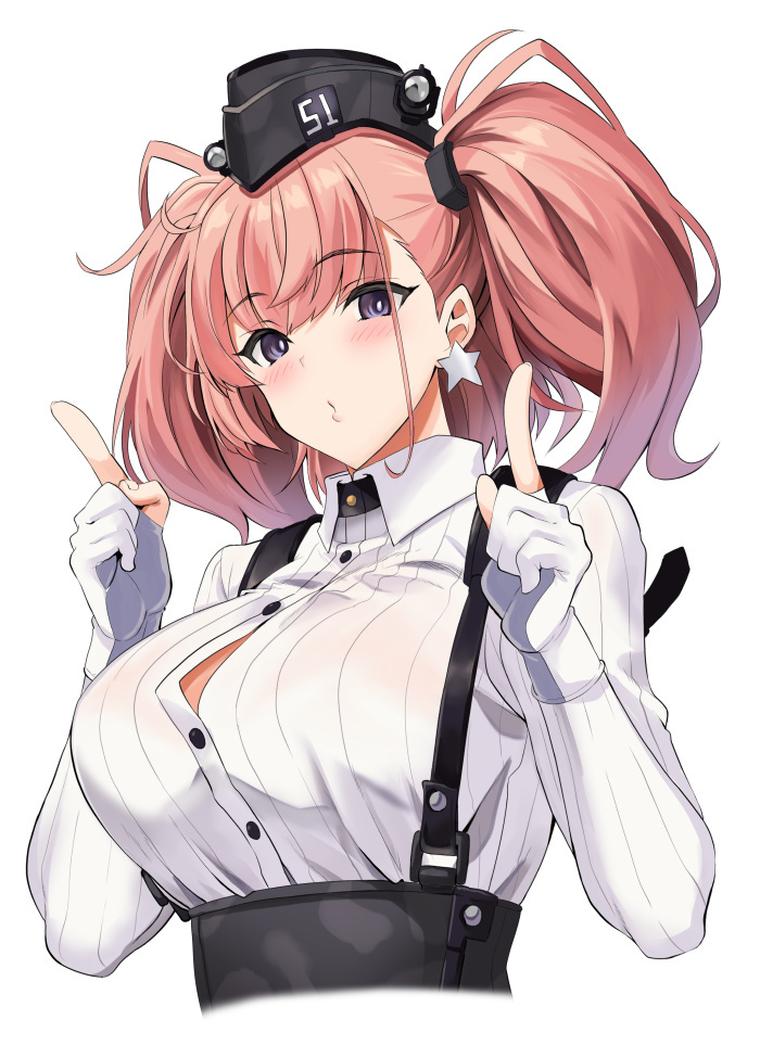 1girl anchor_hair_ornament atlanta_(kantai_collection) bangs black_headwear blush breasts brown_hair cropped_torso dress_shirt earrings eyebrows_visible_through_hair garrison_cap gloves grey_eyes hair_ornament hat index_fingers_raised jewelry kantai_collection kyogoku_shin large_breasts long_hair long_sleeves partially_fingerless_gloves puckered_lips shirt simple_background solo star_(symbol) star_earrings suspenders two_side_up upper_body white_background white_shirt