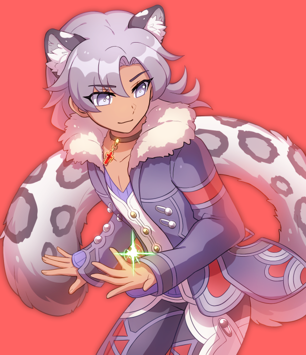 1boy alvis_(xenoblade) animal_ears cat_boy cat_ears coat cowboy_shot enni eyebrows_visible_through_hair fur_trim grey_eyes jewelry leopard_boy leopard_ears leopard_tail long_hair male_focus necklace pendant purple_coat red_background silver_hair simple_background smile snow_leopard_boy snow_leopard_ears snow_leopard_tail solo tail xenoblade_chronicles xenoblade_chronicles_(series)