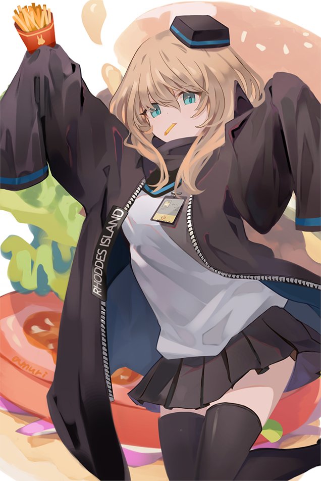 1girl amuri arknights bangs black_coat black_headwear black_legwear black_skirt blonde_hair blue_eyes coat durin_(arknights) fast_food food food_in_mouth french_fries hamburger hat id_card long_hair mouth_hold open_clothes open_coat pleated_skirt shirt skirt sleeves_past_fingers sleeves_past_wrists solo thigh-highs white_shirt