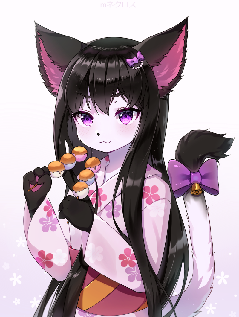1girl :3 animal_ears artist_name bangs bell black_hair blush bow cat_ears cat_girl cat_tail claws closed_mouth commentary commission dango english_commentary eyebrows_visible_through_hair flat_chest floral_print food furry gradient gradient_background hair_bow hands_up happy heart heart_in_eye holding japanese_clothes kimono long_hair long_sleeves looking_at_viewer methynecros obi original pawpads paws pink_kimono purple_bow sash shiny shiny_hair sidelocks simple_background skewer smile solo standing symbol_in_eye tail tail_bell tail_bow tail_ornament translated upper_body v-shaped_eyebrows very_long_hair violet_eyes wagashi watermark white_background