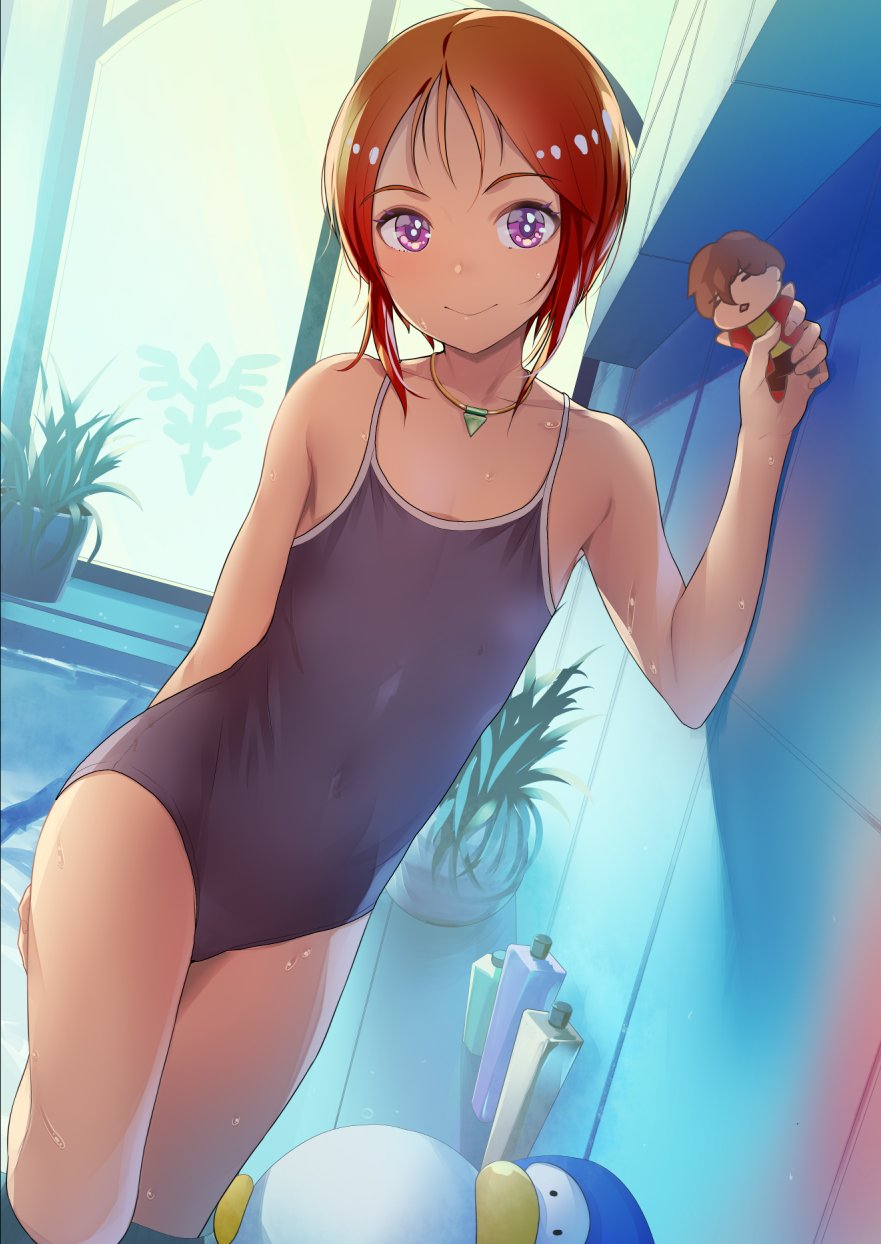 1girl bird blue_swimsuit character_doll collarbone commentary_request commission competition_school_swimsuit cowboy_shot elpeo_puru flat_chest gundam gundam_zz highres judau_ashta looking_at_viewer orange_hair penguin plant poolside potted_plant school_swimsuit short_hair skeb_commission smile sody solo swimsuit violet_eyes window