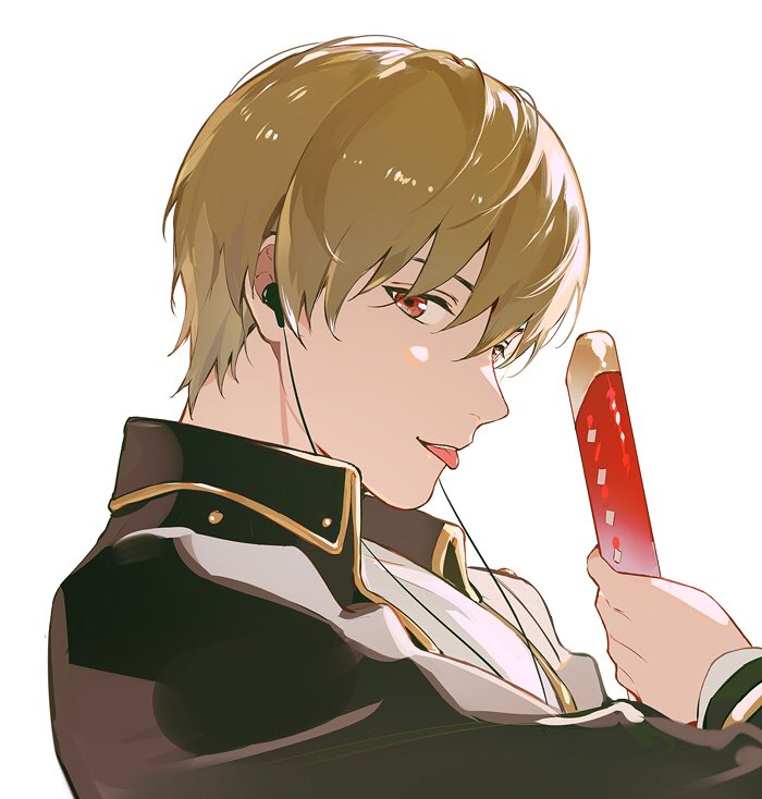 1boy bangs black_jacket brown_hair collar collared_jacket earphones from_side gintama hair_between_eyes holding holding_sword holding_weapon jacket katana long_sleeves looking_at_viewer male_focus maosen okita_sougo open_clothes red_eyes simple_background smile solo sword tongue tongue_out upper_body weapon white_background
