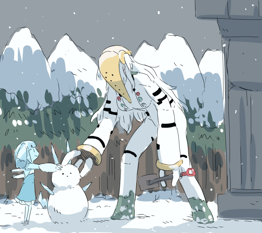 2girls blue_dress blue_hair blue_skin bodysuit breasts colored_skin dress forest formal gen_3_pokemon gen_4_pokemon gngmrkas ice_crystal large_breasts legendary_pokemon long_hair long_sleeves markings mask mountain multiple_girls nature personification pokemon regice regigigas shovel size_difference snow snowing snowman suit white_hair white_suit