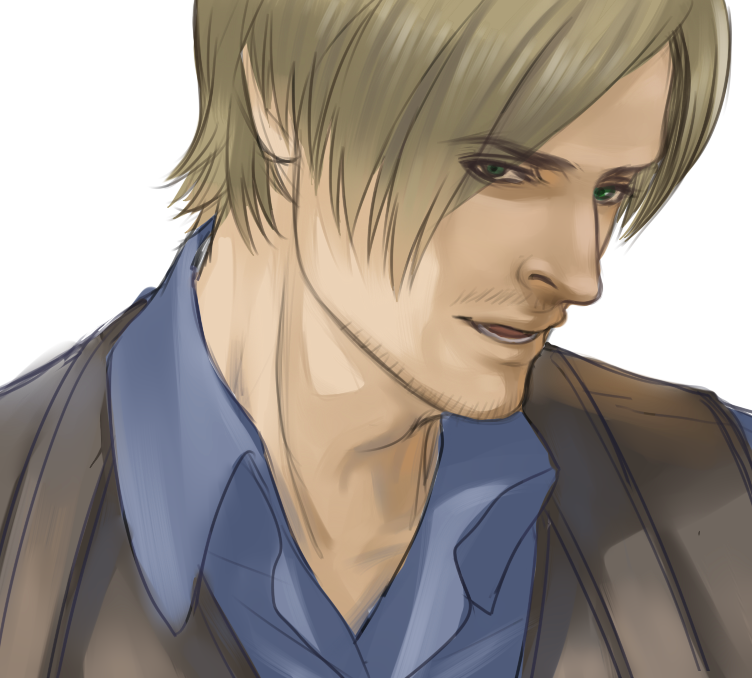 1boy blonde_hair cang_fade close-up curtained_hair green_eyes leon_s_kennedy male_focus parted_lips portrait resident_evil resident_evil_6 solo vest