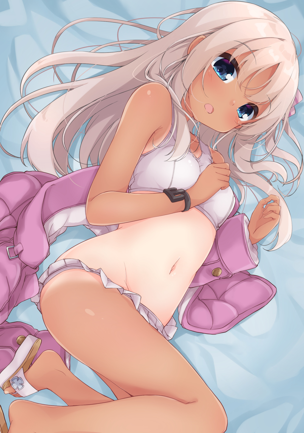 1girl bangs bare_arms bare_legs bare_shoulders bikini bikini_skirt blonde_hair blue_eyes blush bracelet breasts collarbone commentary_request hair_ornament highres jacket jewelry kantai_collection long_hair long_sleeves looking_at_viewer lying navel on_side one-piece_tan open_mouth pink_jacket ro-500_(kantai_collection) sandals school_swimsuit slippers small_breasts solar_milk solo stomach swimsuit swimsuit_under_clothes tan tanline white_bikini