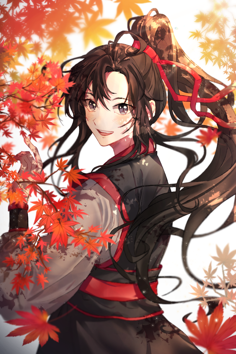 1boy :d autumn_leaves black_hair chinese_clothes highres long_hair long_sleeves looking_at_viewer male_focus mo_dao_zu_shi open_mouth ponytail red_ribbon ribbon sidelocks smile sr_illust standing wuxian_wei