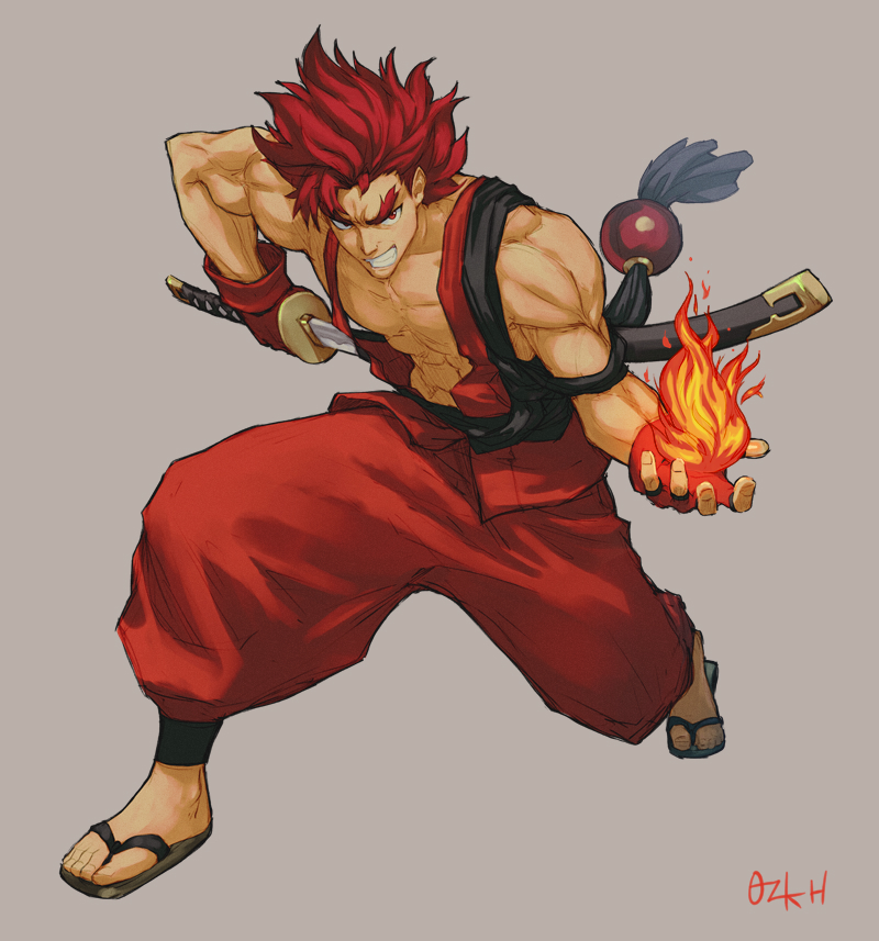 1boy abs bare_shoulders fingerless_gloves fingernails fire flame gloves grey_background holding holding_sword holding_weapon katana kazama_kazuki male_focus muscle ozkh puffy_pants red_eyes red_gloves red_theme redhead samurai_spirits scabbard sheath signature simple_background solo sword toenails unsheathed weapon weapon_on_back