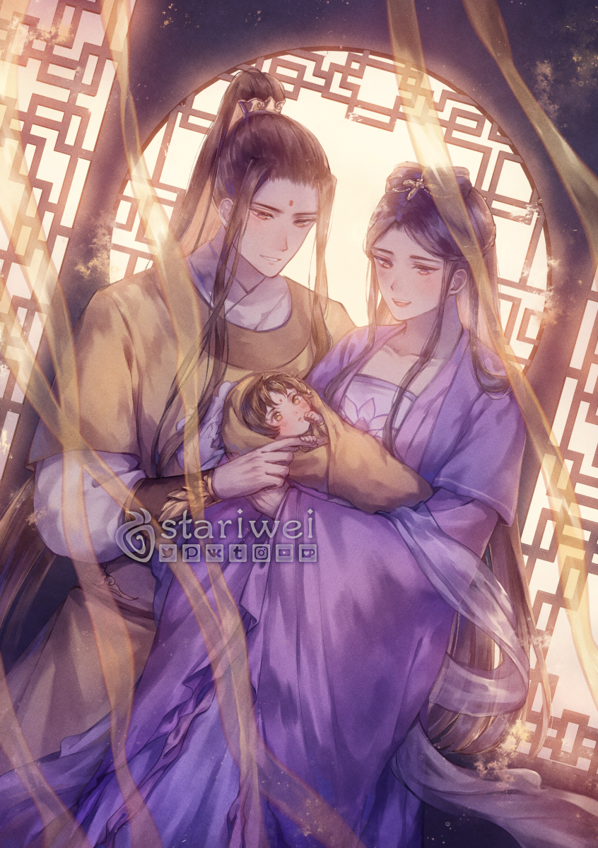 1girl 2boys :d artist_name baby black_hair chinese_clothes facial_mark family forehead_mark highres holding_baby indoors jiang_yanli jin_ling jin_zixuan long_hair long_sleeves mo_dao_zu_shi multiple_boys open_mouth ponytail smile stariwei very_long_hair watermark wide_sleeves