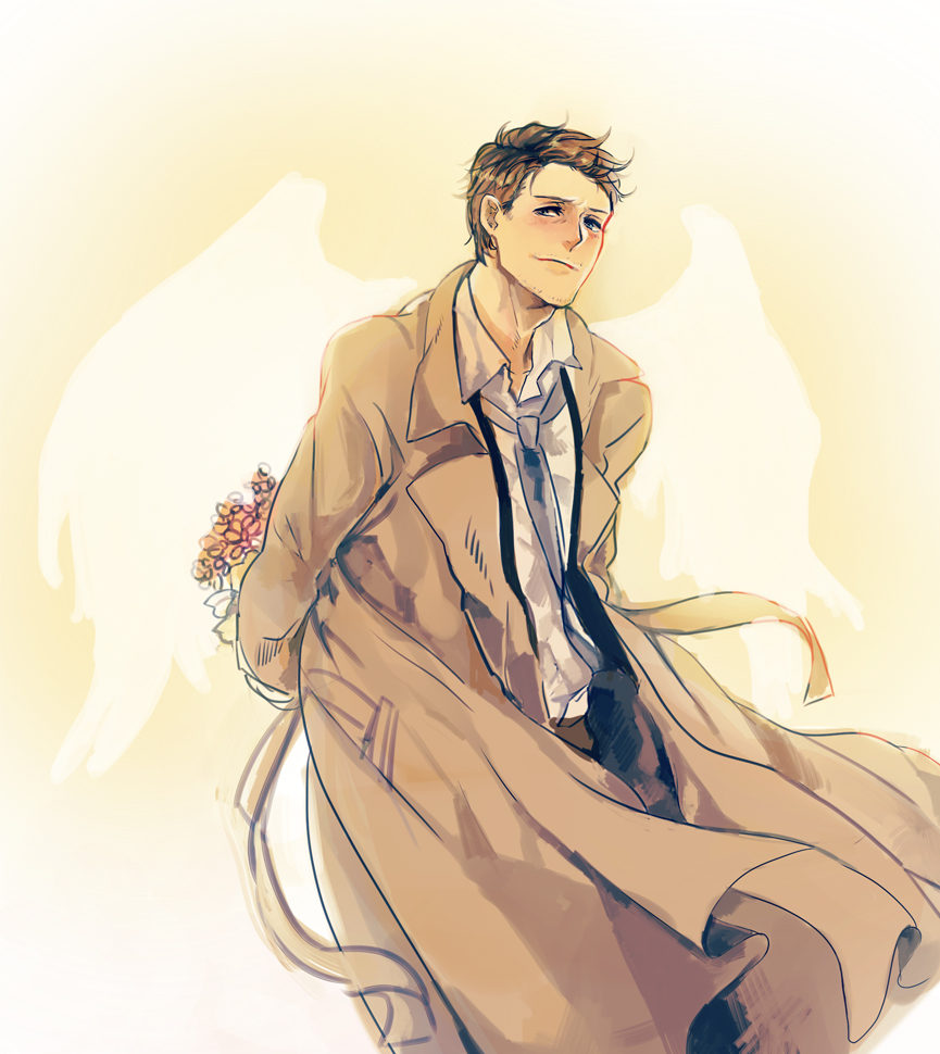 1boy angel_wings behind_back blue_eyes blush bouquet brown_hair castiel facial_hair flower looking_at_viewer male_focus mikann0206 necktie smile solo stubble supernatural_(tv_series) trench_coat wings