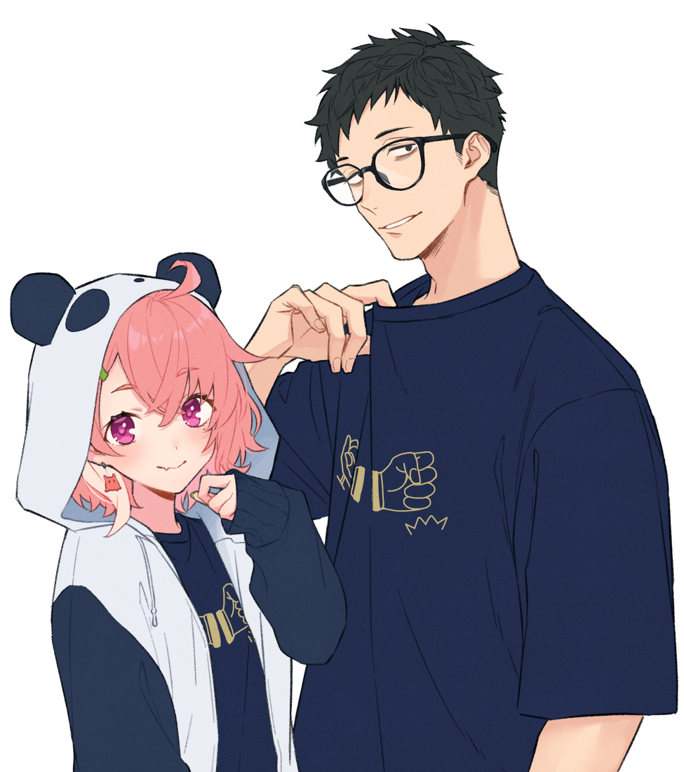 1boy 1girl ahoge animal_ears animal_hood black_eyes blush collar_tug earrings eyebrows_visible_through_hair glasses hair_ornament hairclip hood hood_up hooded_jacket jacket jewelry looking_at_viewer nijisanji open_clothes open_jacket panda_ears panda_hood parted_lips pink_eyes pink_hair print_shirt sasaki_saku shirt short_hair simple_background sleeves_past_wrists smile t-shirt taki_(ckwb_0) upper_body virtual_youtuber white_background yashiro_kizuku