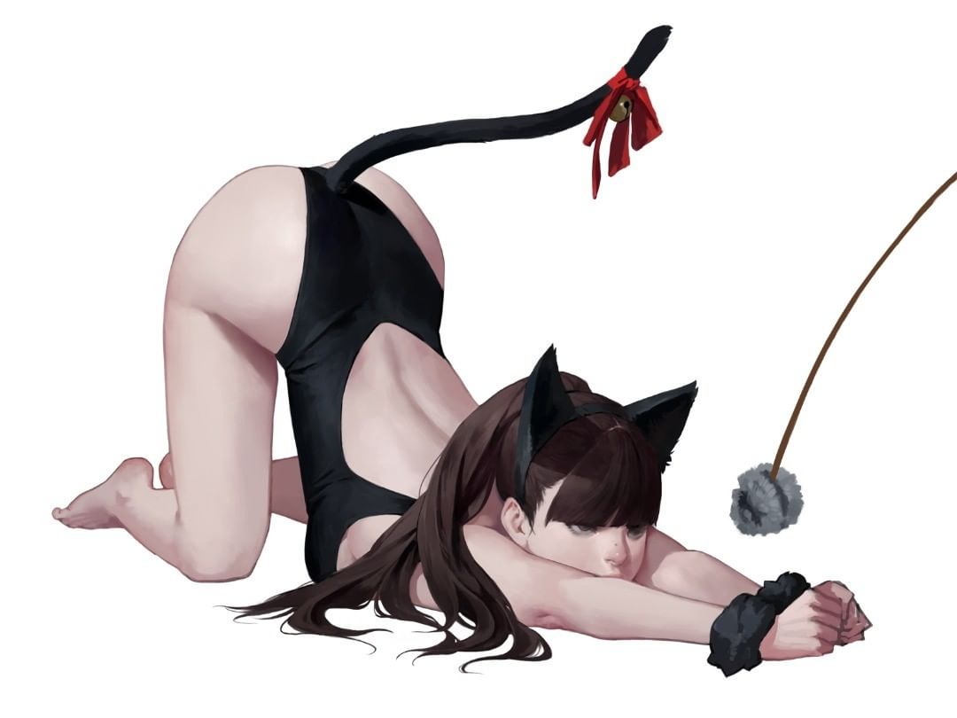 1girl animal_ears ass back back_cutout bangs bare_hips bare_legs bare_shoulders barefoot bell black_eyes black_hair black_hairband black_scrunchie blunt_bangs breast_press breasts cat_ears cat_tail cat_teaser clenched_hands clothing_cutout dongho_kang fake_animal_ears fake_tail from_side full_body hairband hands_together high_ponytail highleg highleg_leotard jingle_bell leotard long_hair long_ponytail looking_away looking_to_the_side medium_breasts mole original outstretched_arms ponytail red_ribbon ribbon scrunchie sideboob simple_background solo tail tail_bell tail_ornament tail_ribbon top-down_bottom-up v_arms white_background wrist_scrunchie