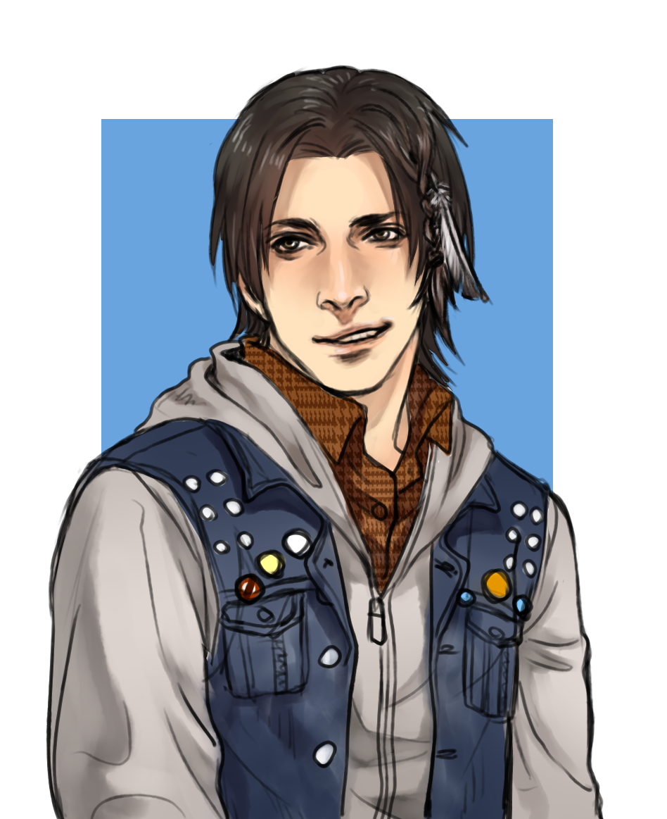 1boy big_nose brown_hair cang_fade delsin_rowe denim_vest feathers hair_feathers hood hoodie infamous_second_son male_focus no_hat no_headwear smile solo vest