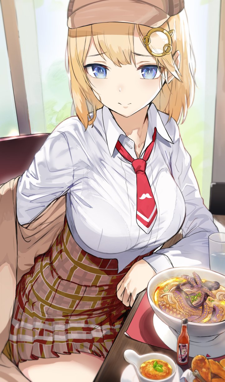 1girl bangs blonde_hair blue_eyes bowl bralines breasts brown_coat brown_headwear brown_skirt coat collar collarbone collared_shirt cup drinking_glass food fried_chicken glass hair_ornament hews highres hololive hololive_english hot_sauce indoors large_breasts light_blush light_smile long_sleeves medium_hair monocle mori_calliope necktie noodles plaid plaid_headwear plaid_skirt plate pleated_skirt ramen red_neckwear sauce shirt sitting skirt solo squid table tea teacup virtual_youtuber water watson_amelia white_collar white_shirt window