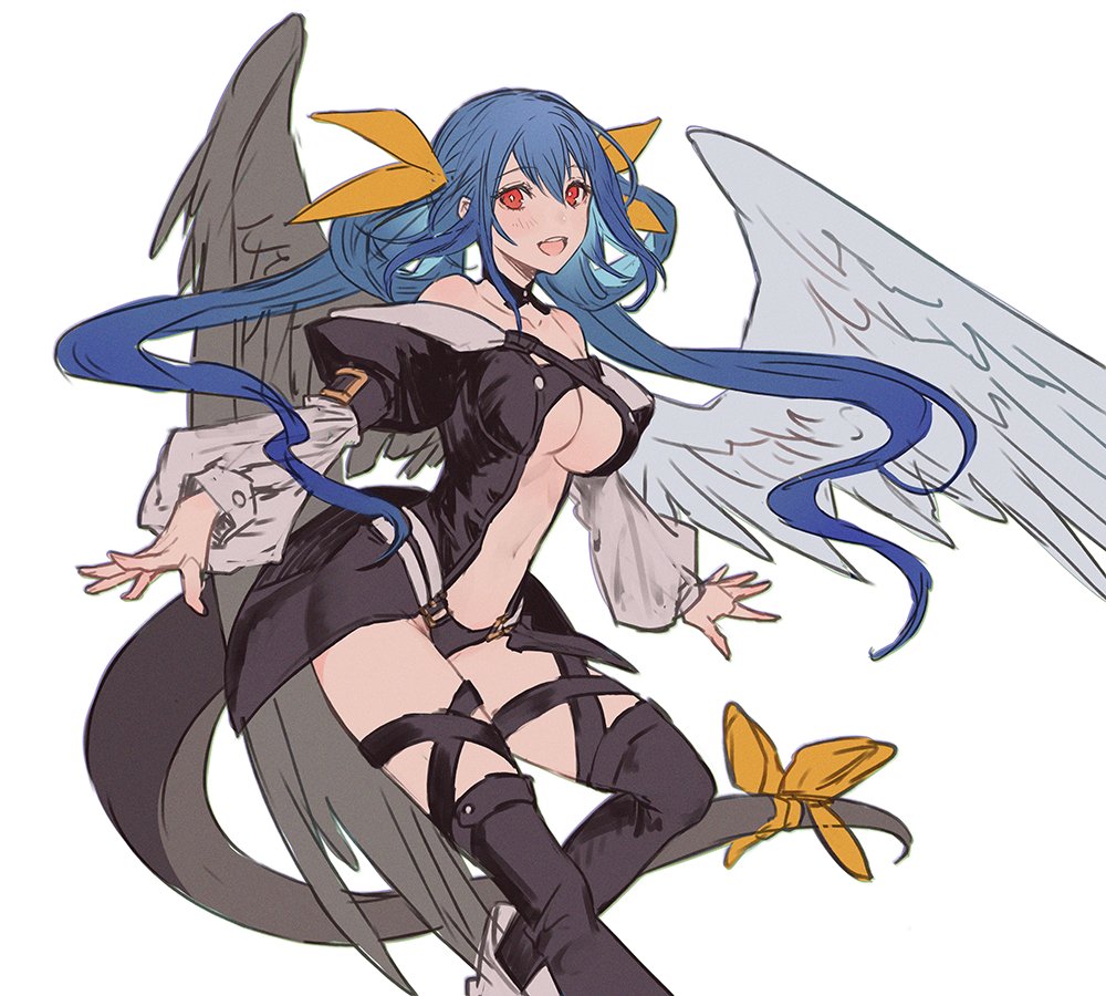 1girl angel_wings asymmetrical_wings bangs bare_shoulders belt black_legwear black_panties blue_hair bow breasts choker collarbone dizzy_(guilty_gear) guilty_gear guilty_gear_x guilty_gear_xx hair_between_eyes hair_ribbon hair_rings large_breasts looking_at_viewer midriff monster_girl navel open_mouth oro_(sumakaita) panties puffy_sleeves red_eyes ribbon simple_background smile solo tail tail_ornament tail_ribbon thigh-highs thigh_strap twintails under_boob underwear wings yellow_ribbon