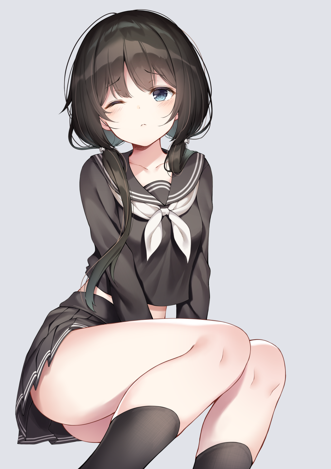 1girl ass black_hair black_legwear black_sailor_collar black_serafuku black_shirt black_skirt blue_eyes closed_mouth collarbone crop_top frown grey_background hair_over_shoulder hair_ribbon highres invisible_chair long_hair long_sleeves looking_at_viewer low_twintails midriff miniskirt neckerchief one_eye_closed original pleated_skirt ribbon sailor_collar school_uniform serafuku shirt shirt_overhang simple_background sitting skirt socks solo thighs twintails twitter_username yaya_(yayaa_00)