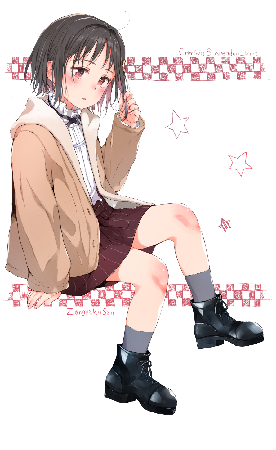 1girl ano_ko_wa_toshi_densetsu black_footwear black_hair blush brown_hair brown_jacket brown_skirt checkered checkered_background flower gomennasai grey_legwear hair_flower hair_ornament hairclip hand_up highres jacket long_sleeves looking_at_viewer multicolored_hair open_clothes open_jacket parted_lips red_eyes shirt shoes sitting skirt sleeves_past_wrists socks solo star_(symbol) striped sunflower_hair_ornament two-tone_hair vertical-striped_skirt vertical_stripes white_background white_shirt yellow_flower zangyaku-san