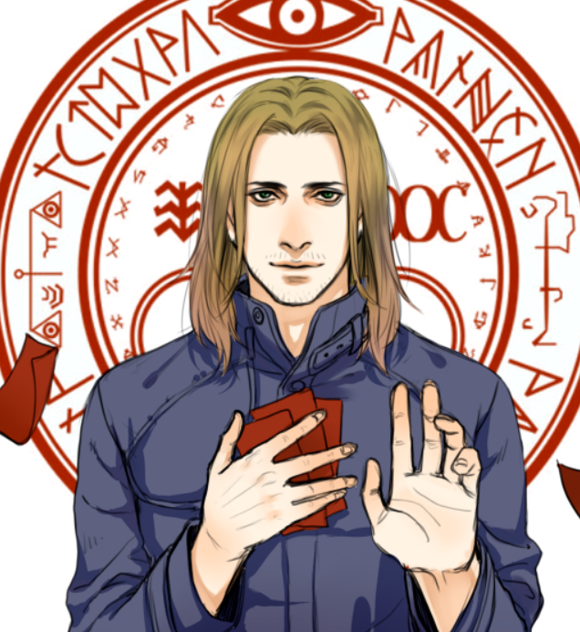 1boy blonde_hair cang_fade facial_hair green_eyes halo_of_the_sun hand_on_own_chest hand_up long_hair magic_circle male_focus red_paper silent_hill silent_hill_4 solo stubble walter_sullivan