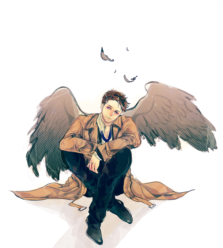 1boy blue_eyes brown_hair castiel crossed_legs feathers male_focus mikann0206 necktie sitting solo supernatural_(tv_series) trench_coat wings