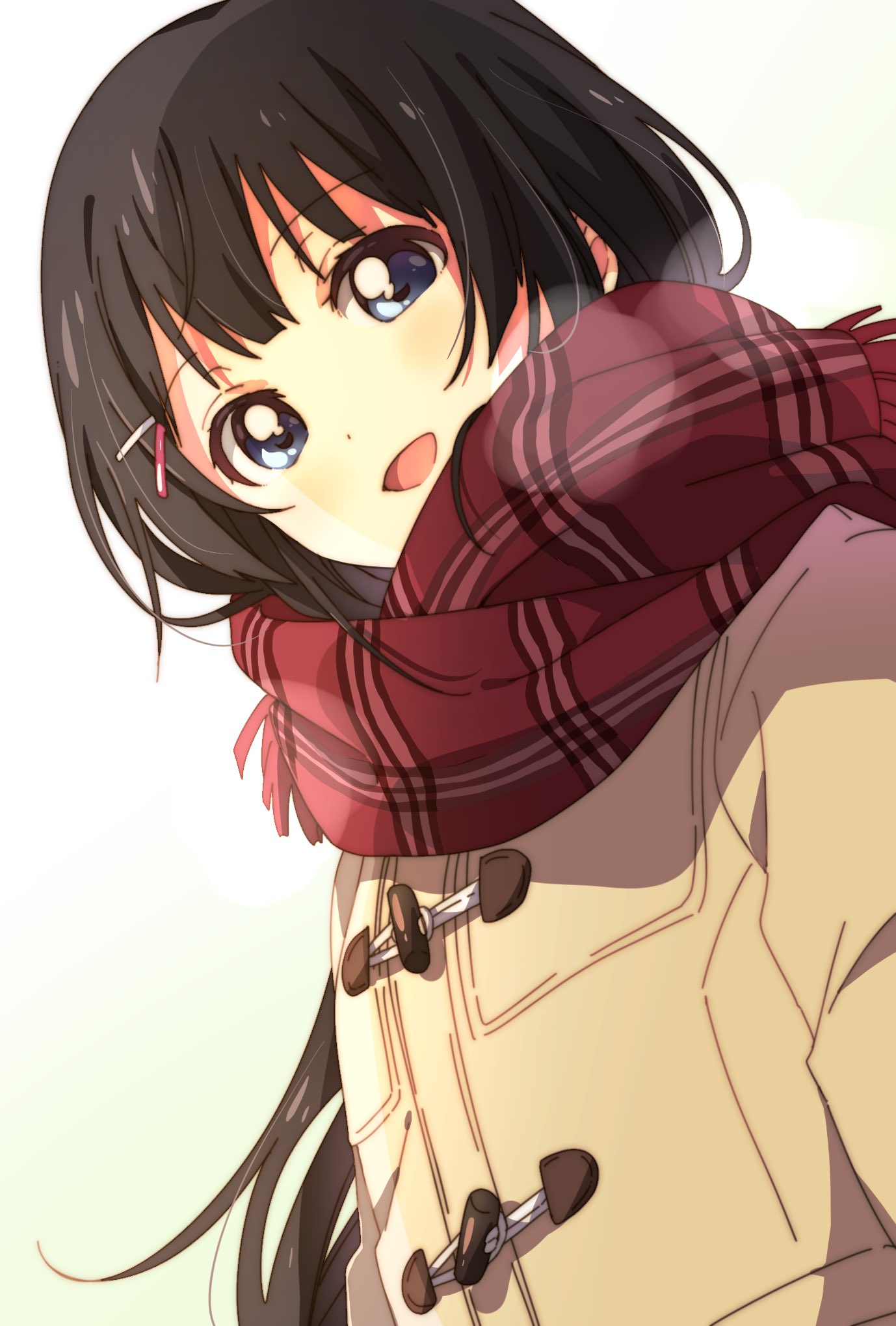 1girl black_hair blue_eyes brown_coat coat duffel_coat hair_ornament hairclip highres long_hair long_sleeves looking_at_viewer namori nijisanji open_mouth plaid plaid_scarf red_scarf scarf simple_background smile solo tsukino_mito virtual_youtuber white_background winter_clothes winter_coat