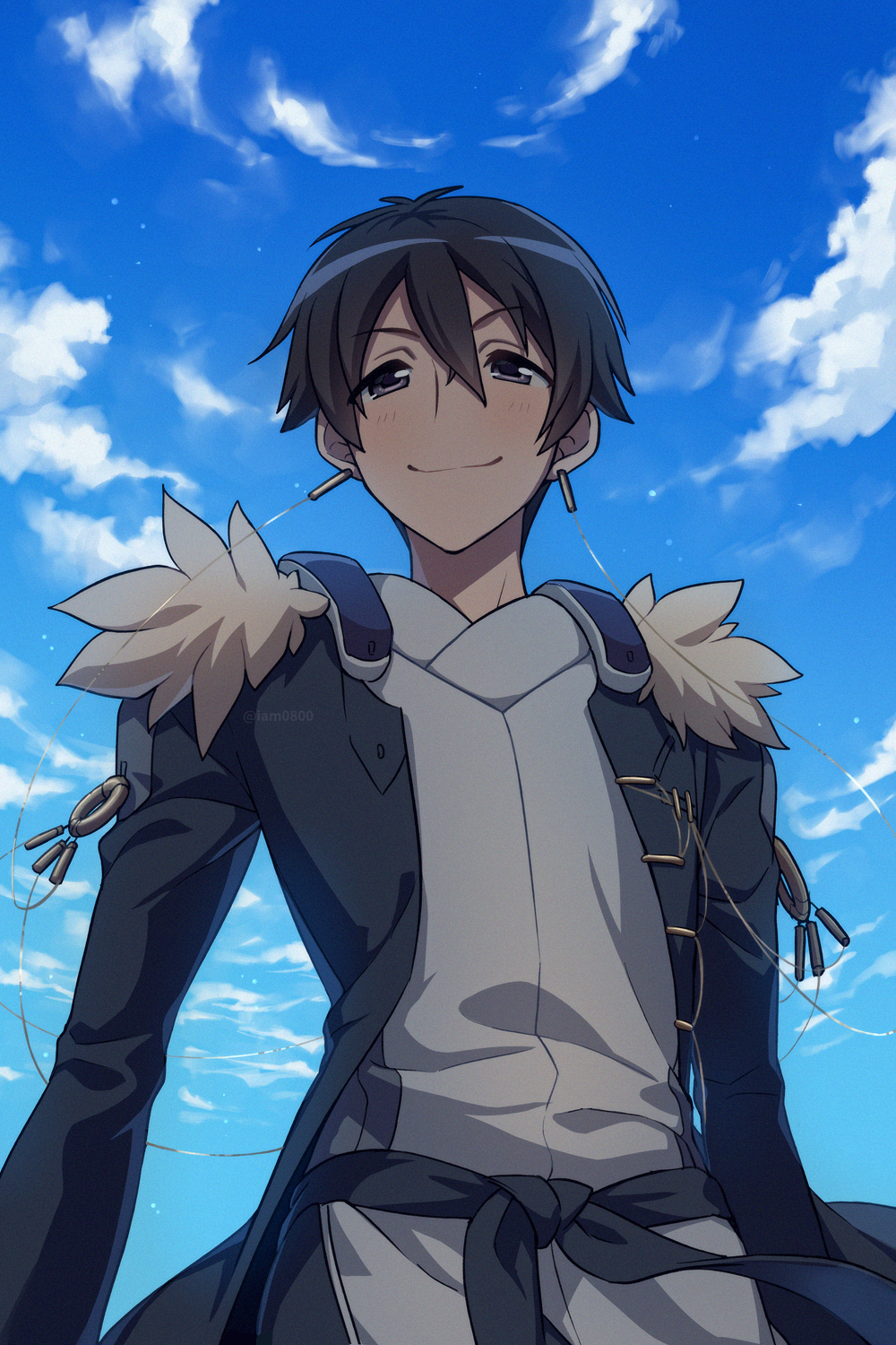 1boy aoi_toori bangs black_coat black_eyes black_hair blue_sky blush closed_mouth clouds coat commentary_request cowboy_shot day earrings hair_between_eyes highres jewelry kyoukaisenjou_no_horizon long_sleeves looking_at_viewer male_focus overcoat sayshownen short_hair sky smile solo standing twitter_username watermark