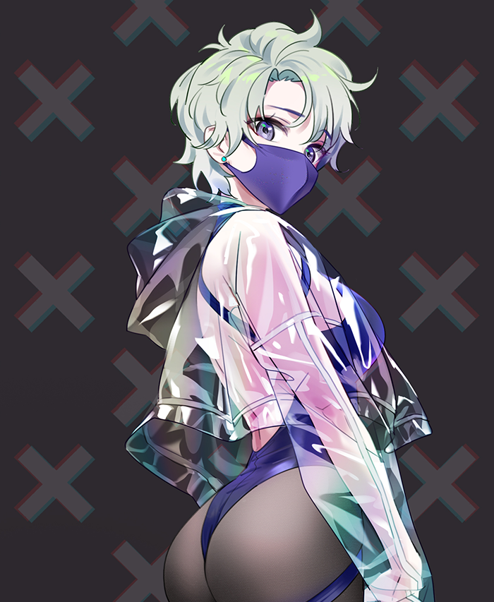 1girl ass bangs breasts dark_background ear_piercing grey_eyes leotard looking_at_viewer mask medium_breasts messy_hair mouth_mask original pantyhose piercing platinum_blonde_hair poncho purple_ribbon ribbon see-through short_hair solo swept_bangs yd_(orange_maru)