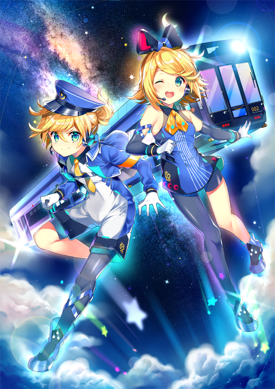 1boy 1girl aqua_eyes asymmetrical_legwear bare_shoulders black_legwear blonde_hair blue_dress blue_headwear blue_jacket clouds commentary crescent_moon dress elbow_gloves full_body galaxy glint gloves ground_vehicle hair_ornament hat headphones headset jacket kagamine_len kagamine_rin kurisu_sai leg_up lens_flare looking_at_viewer moon neckerchief necktie one_eye_closed open_mouth short_ponytail single_thighhigh sky sleeveless sleeveless_dress smile sparkle star_(sky) star_(symbol) starry_sky thigh-highs train uniform vocaloid white_gloves yellow_neckwear