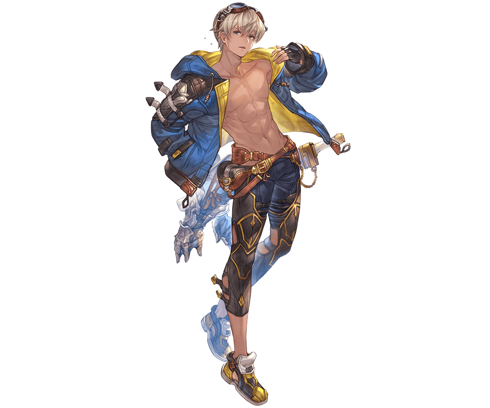 1boy abs blue_hoodie collarbone fingerless_gloves full_body gloves goggles granblue_fantasy hood hoodie jacket joel_(granblue_fantasy) male_focus muscle navel obliques official_art open_clothes open_jacket toned toned_male white_hair