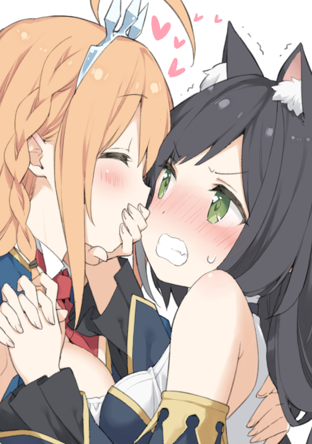 2girls ahoge animal_ear_fluff animal_ears bangs bare_shoulders black_hair blonde_hair blush braid cat_ears cat_girl closed_eyes commentary covering_mouth detached_sleeves eyebrows_visible_through_hair green_eyes hand_on_back hand_over_another's_mouth heart hug imminent_kiss interlocked_fingers kani_biimu karyl_(princess_connect!) long_hair looking_at_another motion_lines multiple_girls pecorine_(princess_connect!) portrait princess_connect! princess_connect!_re:dive sweatdrop teeth tiara v-shaped_eyebrows wavy_mouth yuri