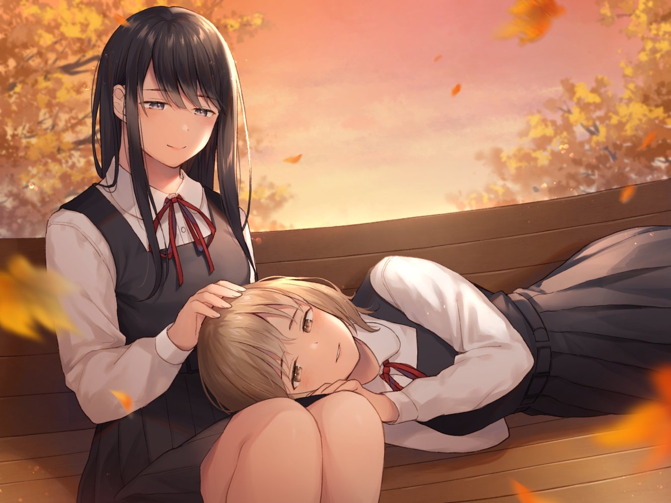 2girls autumn autumn_leaves bench black_eyes black_hair brown_eyes dress light_brown_hair long_hair long_sleeves multiple_girls neck_ribbon noda_shuha original pinafore_dress red_neckwear ribbon short_hair sitting sitting_on_bench sitting_on_lap sitting_on_person smile