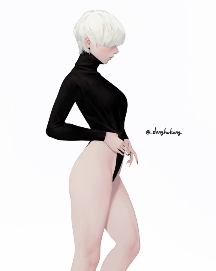 1girl adjusting_clothes artist_name bangs black_leotard black_nails breasts dongho_kang earrings feet_out_of_frame from_side highleg highleg_leotard jewelry leotard long_sleeves medium_breasts original pale_skin short_hair simple_background solo standing turtleneck_leotard twitter_username white_hair