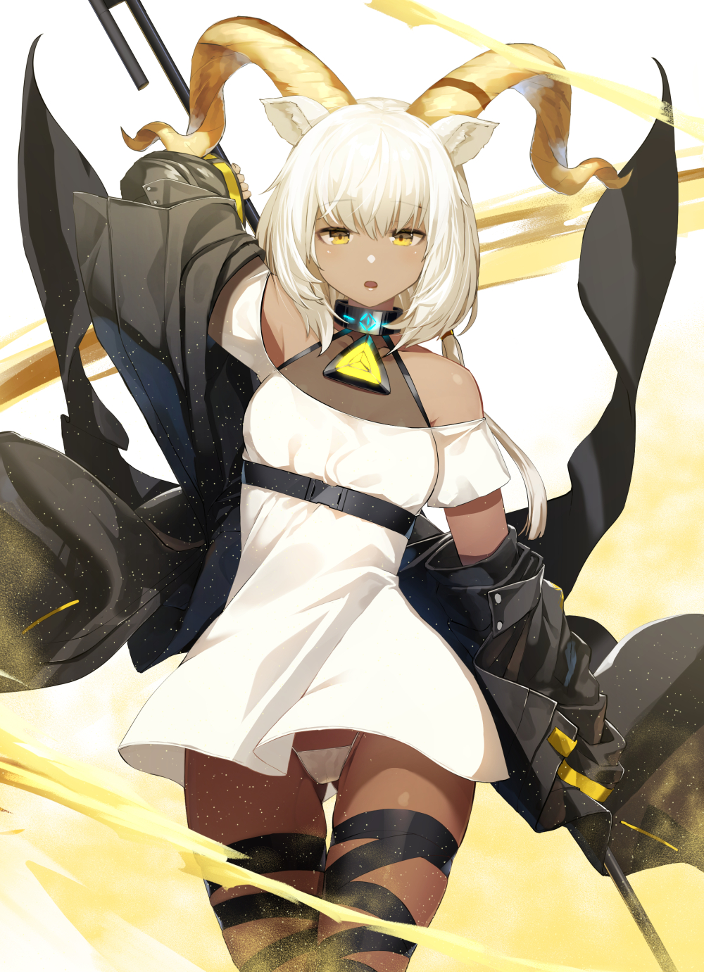 1girl :o animal_ears arknights arm_up ass_visible_through_thighs bare_shoulders beeswax_(arknights) belt black_jacket cowboy_shot curled_horns dark_skin dress goat_ears goat_horns highres holding horns jacket long_hair long_sleeves looking_at_viewer meth_(emethmeth) off-shoulder_dress off_shoulder open_clothes open_jacket panties pantyshot parted_lips polearm short_dress short_sleeves solo standing string_panties thigh_gap thigh_strap underwear weapon white_dress white_hair white_panties yellow_eyes