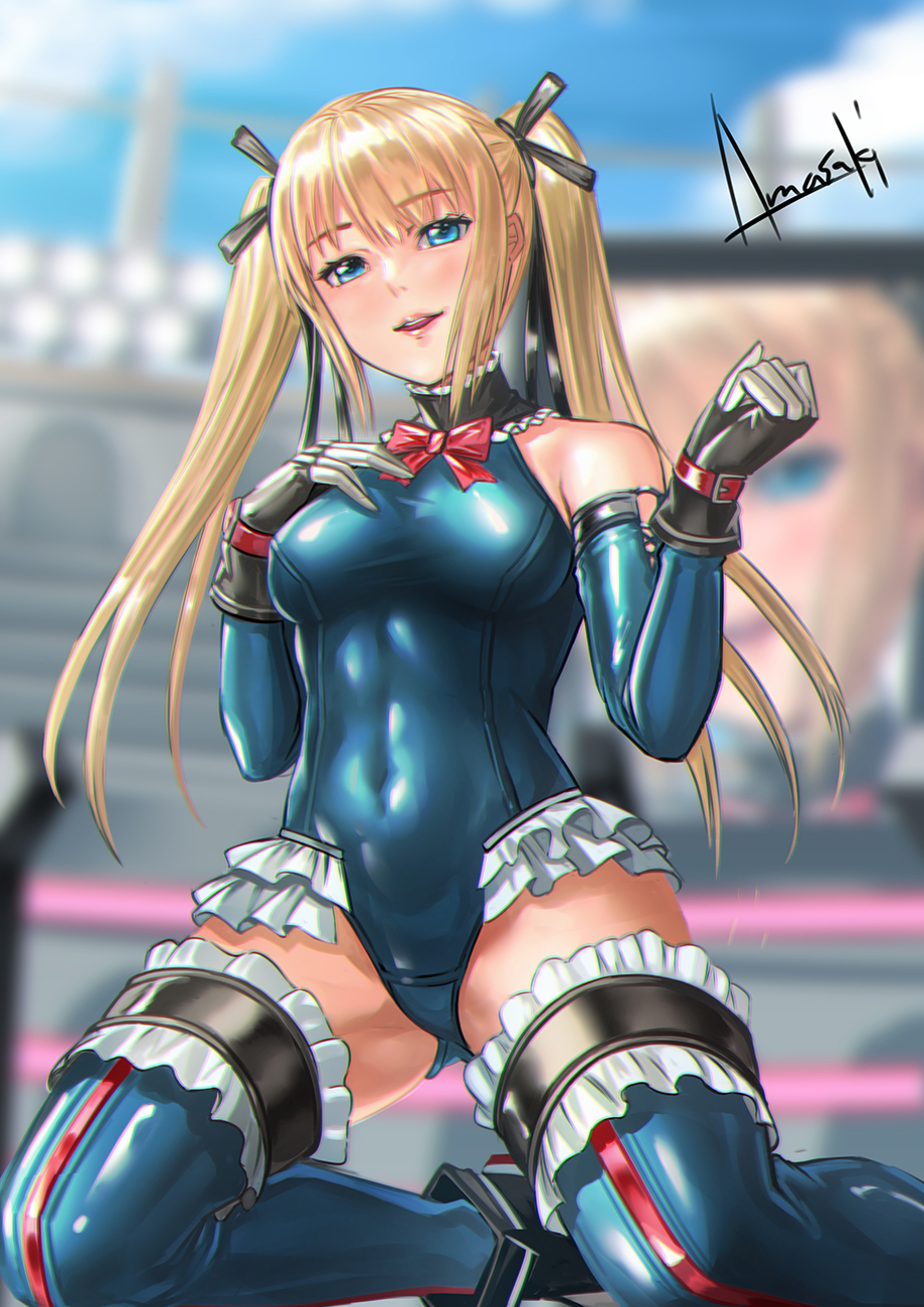 1girl amasaki_yusuke bare_shoulders blonde_hair blue_eyes blue_leotard bow bowtie breasts dead_or_alive dead_or_alive_5 detached_sleeves frilled_legwear frilled_leotard frills hair_ornament hair_ribbon highres leotard long_hair looking_at_viewer marie_rose medium_breasts ribbon smile solo standing thigh-highs twintails very_long_hair x_hair_ornament
