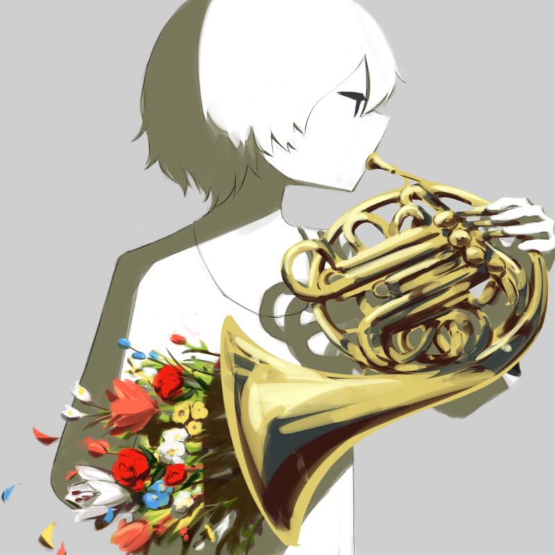 1boy avogado6 colored_skin flower grey_background holding holding_instrument instrument instrument_request music original playing_instrument playing_piano red_flower red_rose rose shirt simple_background solo white_flower white_hair white_shirt white_skin