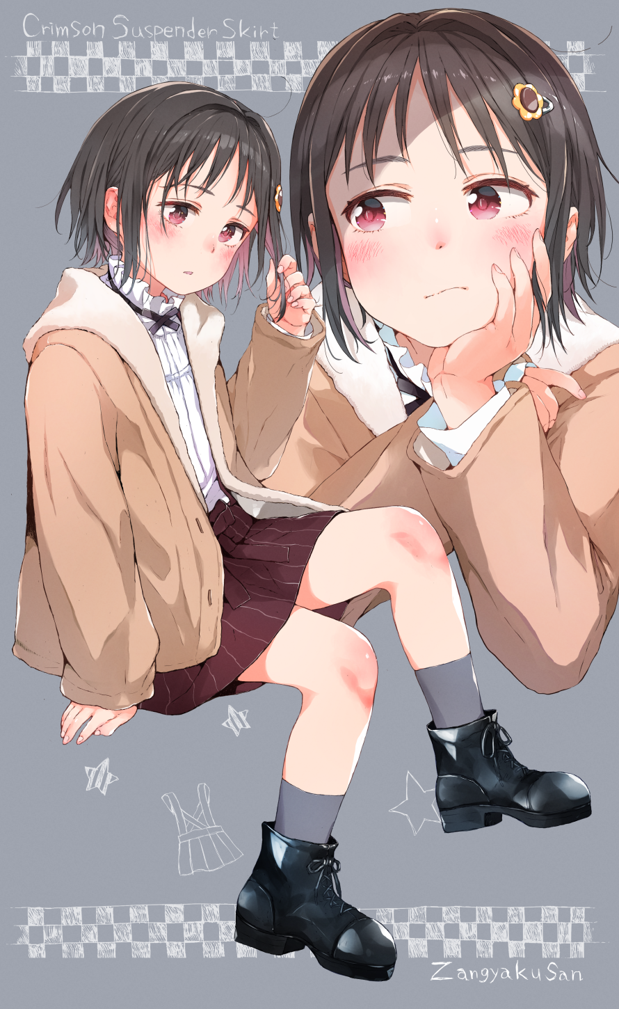 1girl ano_ko_wa_toshi_densetsu black_footwear black_hair blush brown_hair brown_jacket brown_skirt checkered checkered_background commentary_request flower gomennasai grey_background grey_legwear hair_flower hair_ornament hairclip hand_up highres jacket long_sleeves looking_at_viewer multicolored_hair multiple_views open_clothes open_jacket parted_lips red_eyes shirt shoes skirt sleeves_past_wrists socks star_(symbol) striped sunflower_hair_ornament two-tone_hair vertical-striped_skirt vertical_stripes white_shirt yellow_flower zangyaku-san