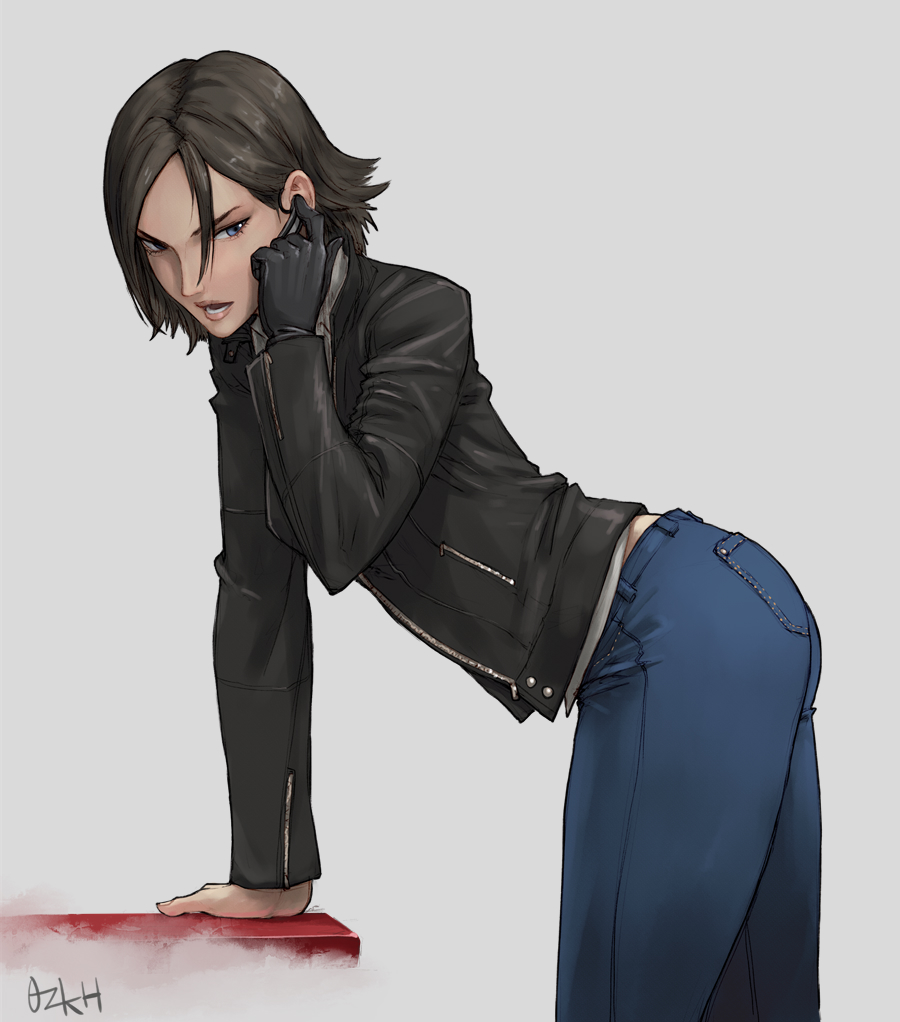 1girl arched_back ass black_hair blue_eyes commentary denim gloves grey_background jacket jeans juli_kidman leather leather_jacket ozkh pants parted_lips short_hair signature simple_background solo the_evil_within thighs