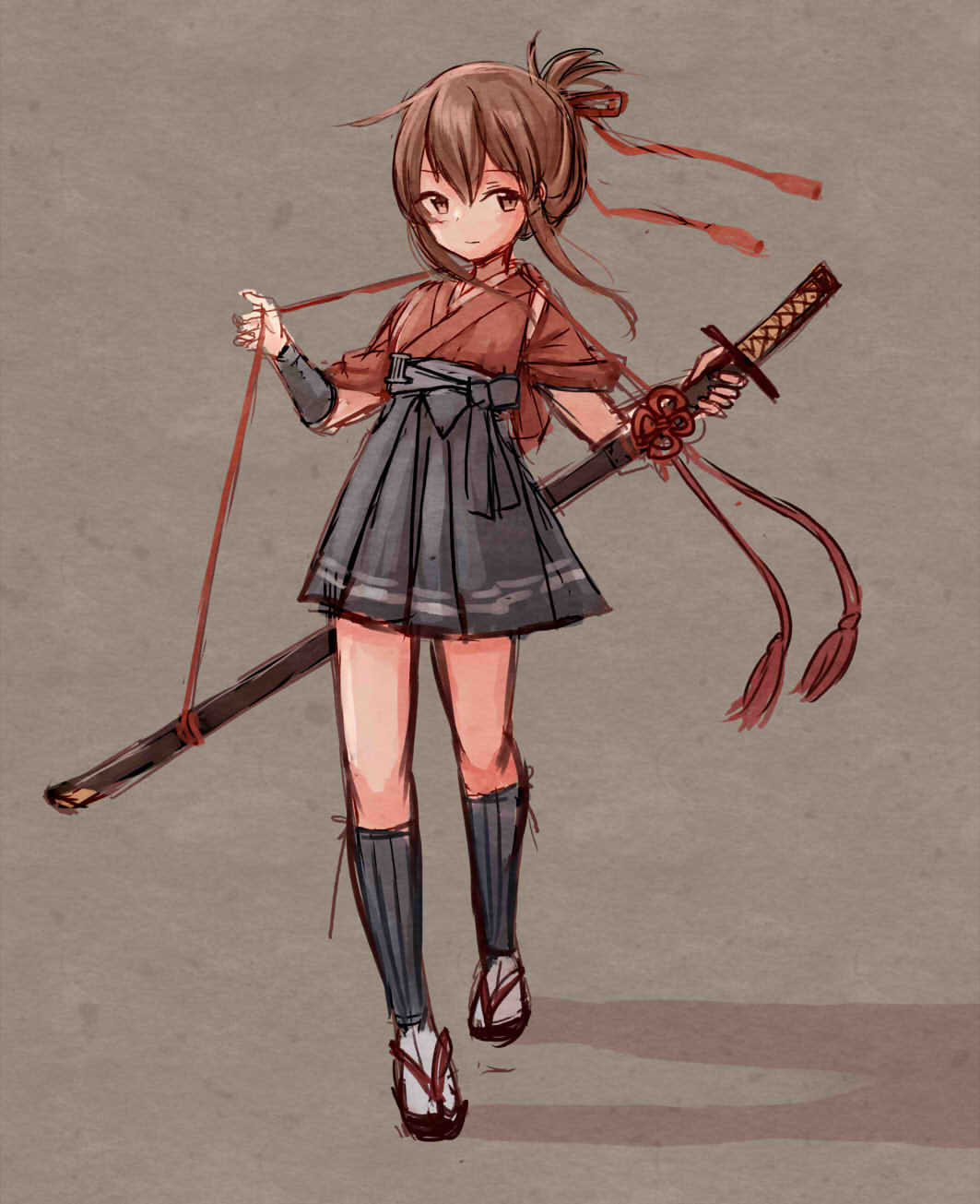 1girl alternate_costume black_hakama brown_eyes brown_hair commentary_request folded_ponytail full_body grey_background hakama highres inazuma_(kantai_collection) japanese_clothes kantai_collection kneehighs long_hair looking_at_viewer sandals simple_background solo standing sword weapon wss_(nicoseiga19993411)