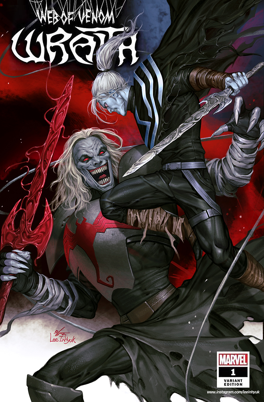 2boys armor armored_boots battle blue_skin boots cape character_request colored_skin commentary cover evil_grin evil_smile fingernails glowing glowing_eyes grey_hair grey_skin grin highres holding holding_sword holding_weapon in-hyuk_lee knull_(marvel) long_fingernails long_hair marvel multiple_boys ponytail signature silver_hair smile sword weapon wraith_(marvel)