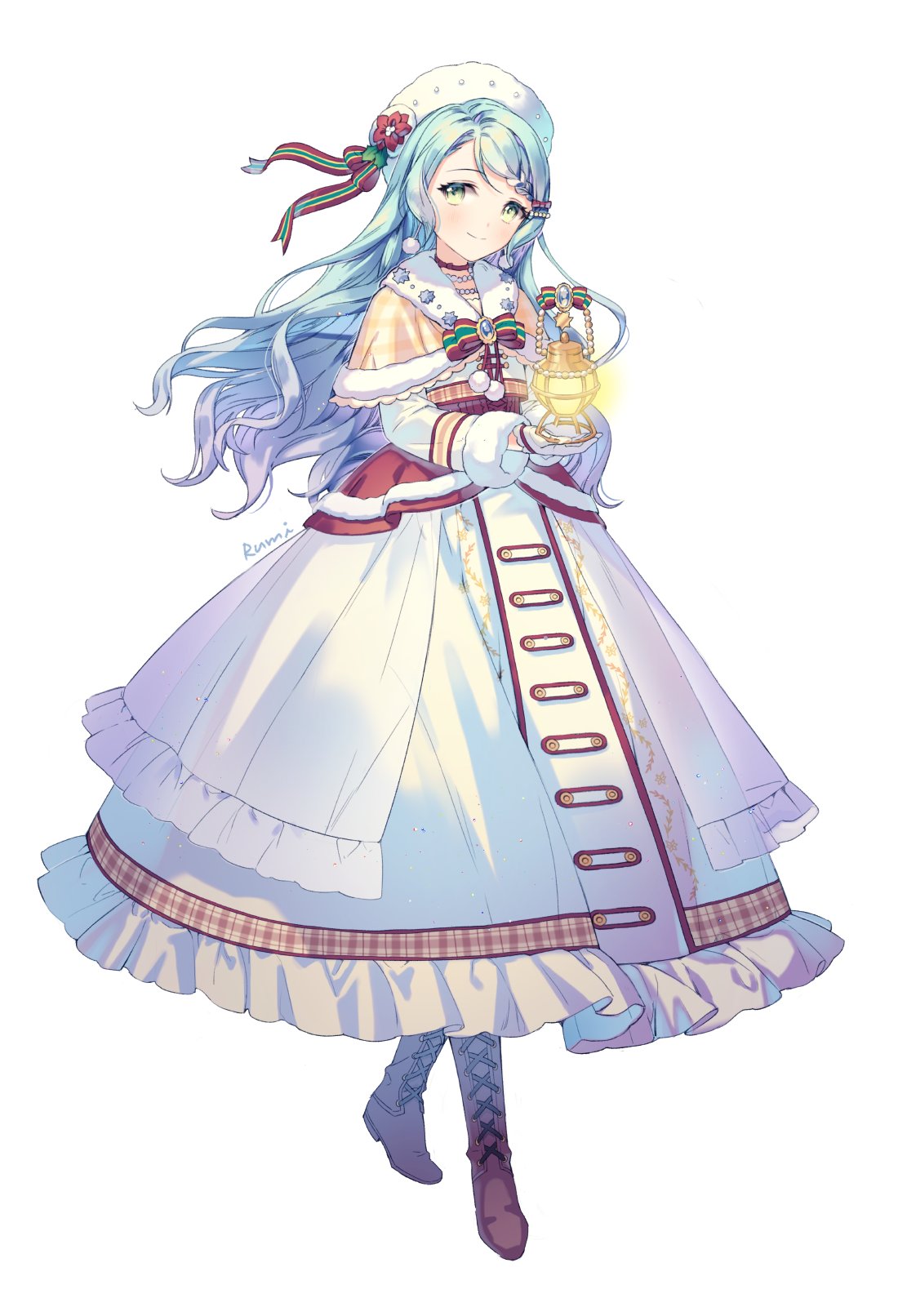 1girl aqua_hair bang_dream! boots brown_footwear brown_legwear capelet choker closed_mouth earrings fur-trimmed_capelet fur_trim gloves green_eyes hat highres hikawa_sayo holding holding_lantern holding_paper jewelry lantern long_hair long_skirt long_sleeves necklace paper pearl_necklace pom_pom_(clothes) pom_pom_earrings reading red_neckwear rumi_(rarumi11) seiza short_hair siblings simple_background sitting skirt smile solo thigh-highs thigh_boots upper_body white_background white_gloves white_skirt yellow_eyes zettai_ryouiki