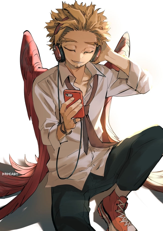 1boy alternate_costume artist_name black_pants blonde_hair boku_no_hero_academia casual cellphone closed_eyes collared_shirt commentary facing_down hands_up hawks_(boku_no_hero_academia) headphones holding holding_phone kadeart male_focus pants partially_unbuttoned phone red_footwear red_wings shirt shoes simple_background sitting smartphone smile sneakers solo white_background white_shirt wings
