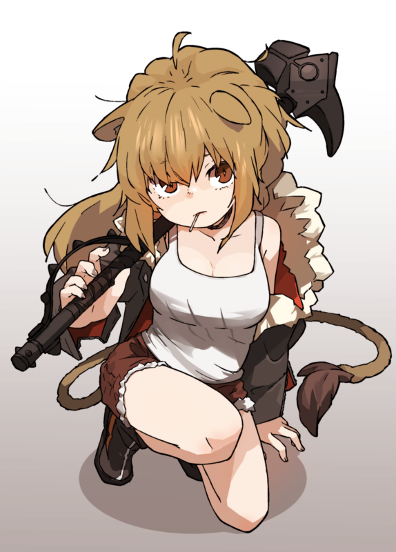 1girl ahoge amonitto animal_ears arknights black_footwear black_jacket breasts brown_eyes brown_hair brown_shorts collar collarbone commentary fur_trim gradient gradient_background hammer holding holding_hammer holding_weapon jacket kneeling large_breasts lion_ears lion_tail long_hair looking_at_viewer messy_hair mouth_hold off-shoulder_jacket one_knee shadow shorts siege_(arknights) simple_background solo tail tank_top weapon white_tank_top