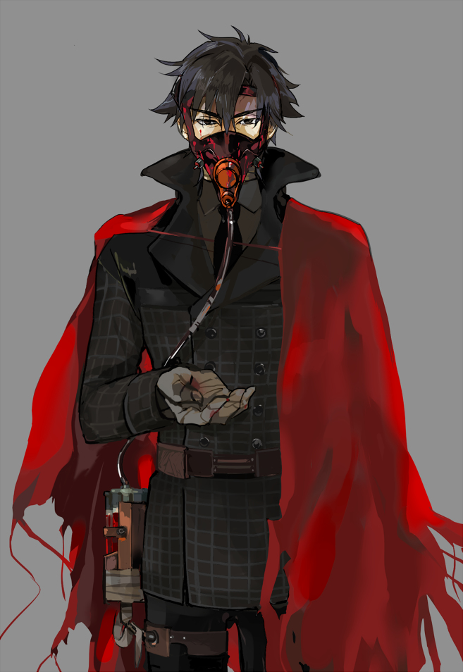 1boy black_eyes black_hair buttons cape coat collared_coat crimo emiya_kiritsugu fate/zero fate_(series) gas_mask grey_background looking_at_viewer male_focus necktie outstretched_hand red_cape simple_background solo tube upper_body vial