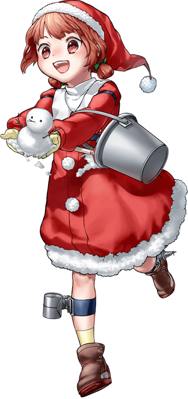 1girl artist_request boots brown_hair bucket christmas full_body gloves hat kaiboukan_no._4_(kantai_collection) kantai_collection low_twintails official_art santa_boots santa_costume santa_gloves santa_hat snowman transparent_background twintails