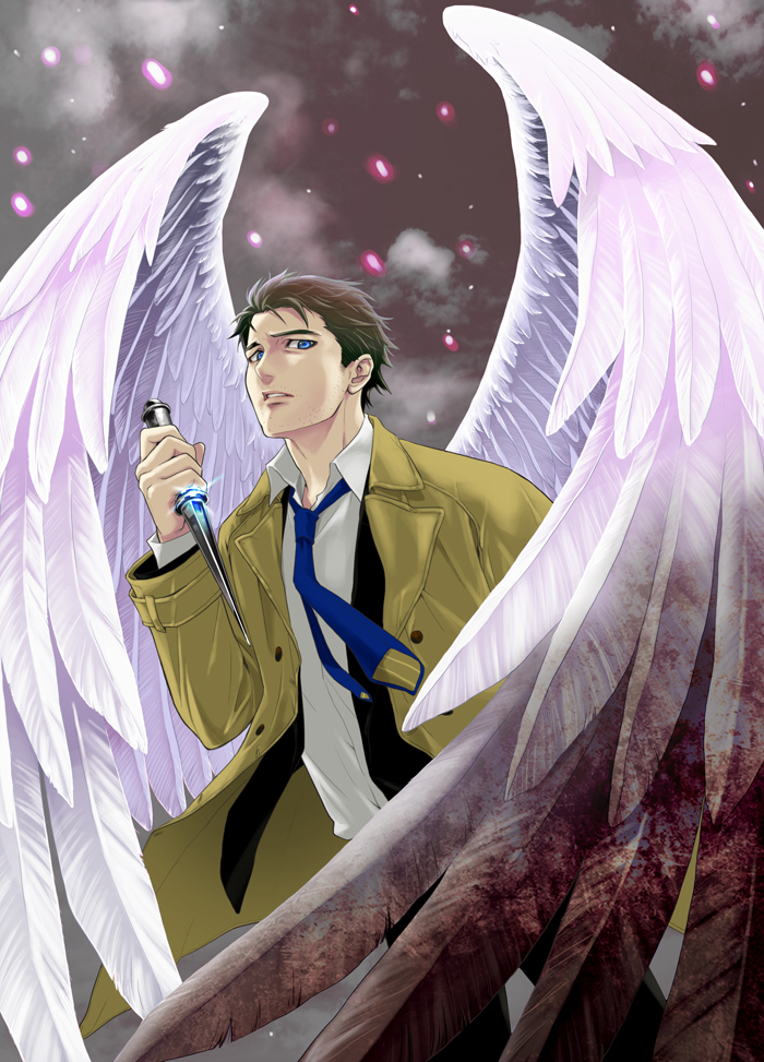 1boy blood bloody_wings blue_eyes brown_hair castiel dagger embers facial_hair isa_(peien516) looking_at_viewer male_focus necktie parted_lips reverse_grip solo stubble supernatural_(tv_series) trench_coat weapon wings