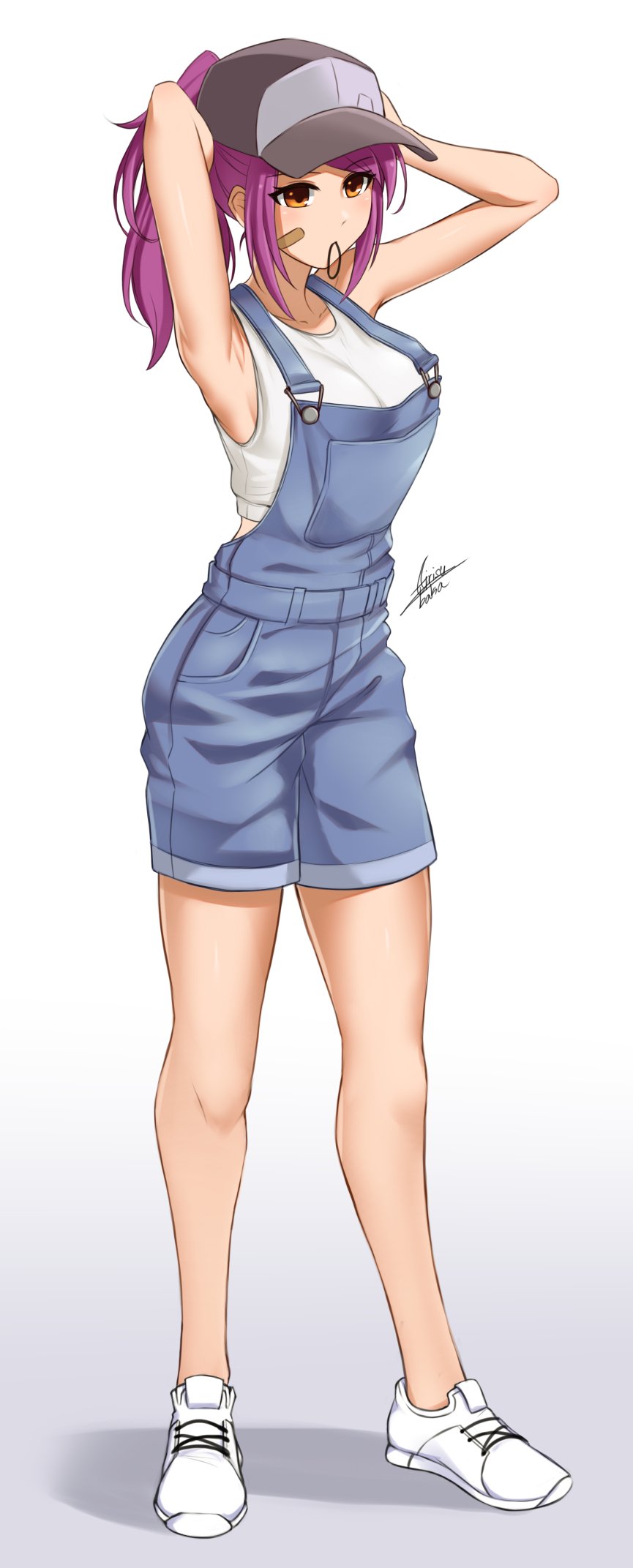 1girl airisubaka armpits arms_up bandaid bandaid_on_cheek bare_arms baseball_cap breasts brown_eyes collarbone crop_top denim full_body grey_background hair_tie_in_mouth hat highres large_breasts leah_(airisubaka) mouth_hold original overall_shorts ponytail purple_hair shirt shoes shorts signature sleeveless sleeveless_shirt sneakers solo standing symbol_commentary white_footwear white_shirt