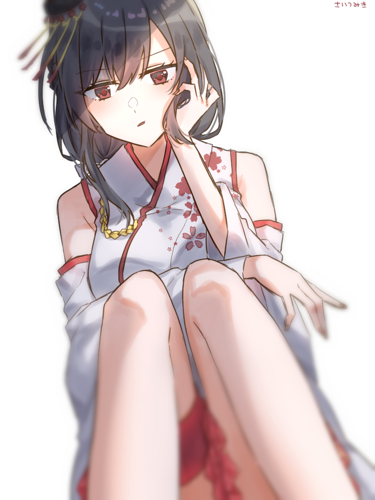 1girl artist_name bangs black_hair breasts detached_sleeves eyebrows_visible_through_hair floral_print hair_ornament headgear japanese_clothes kantai_collection large_breasts long_sleeves red_eyes red_skirt remodel_(kantai_collection) saitu_miki short_hair simple_background sitting skirt solo white_background wide_sleeves yamashiro_(kantai_collection)