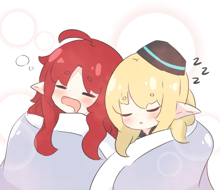 2girls :o ahoge arknights bangs black_headwear blanket blonde_hair blush closed_eyes commentary drooling durin_(arknights) english_commentary eyebrows_visible_through_hair hat kurotofu long_hair mini_hat mouth_drool multiple_girls myrtle_(arknights) open_mouth parted_bangs parted_lips pointy_ears redhead short_eyebrows sleeping thick_eyebrows zzz