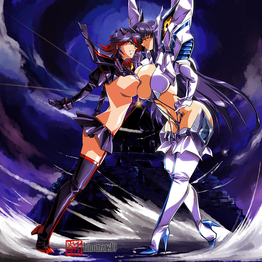 1980s_(style) 2girls alternate_breast_size armor artist_name asymmetrical_docking bangs black_gloves black_hair blue_eyes boots breast_press breasts clenched_teeth commission english_commentary floating_hair gloves hand_on_hip hinomars19 huge_breasts junketsu kill_la_kill kiryuuin_satsuki large_breasts leaning_forward long_hair looking_at_another looking_down looking_up matoi_ryuuko multicolored_hair multiple_girls redhead retro_artstyle senketsu sideboob streaked_hair teeth thigh-highs thigh_boots white_gloves