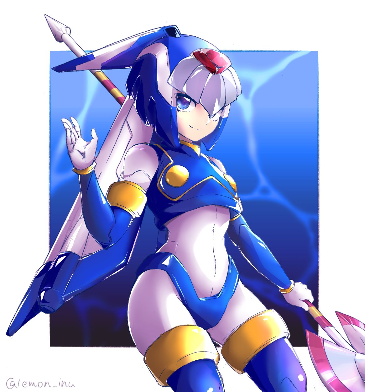 1girl android blue_eyes bodysuit breasts commentary_request cowboy_shot helmet highres holding holding_weapon lemon_inu leviathan_(rockman) polearm rockman rockman_zero simple_background small_breasts smile solo spear weapon